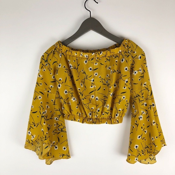 Cropped Yellow Floral Long Bell Sleeve Top XS - Picture 5 of 8
